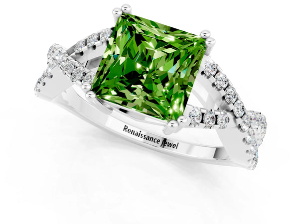White gold Princess Cut Peridot Solitaire Ring with Four-Prong Setting and Twisted Pavé Band