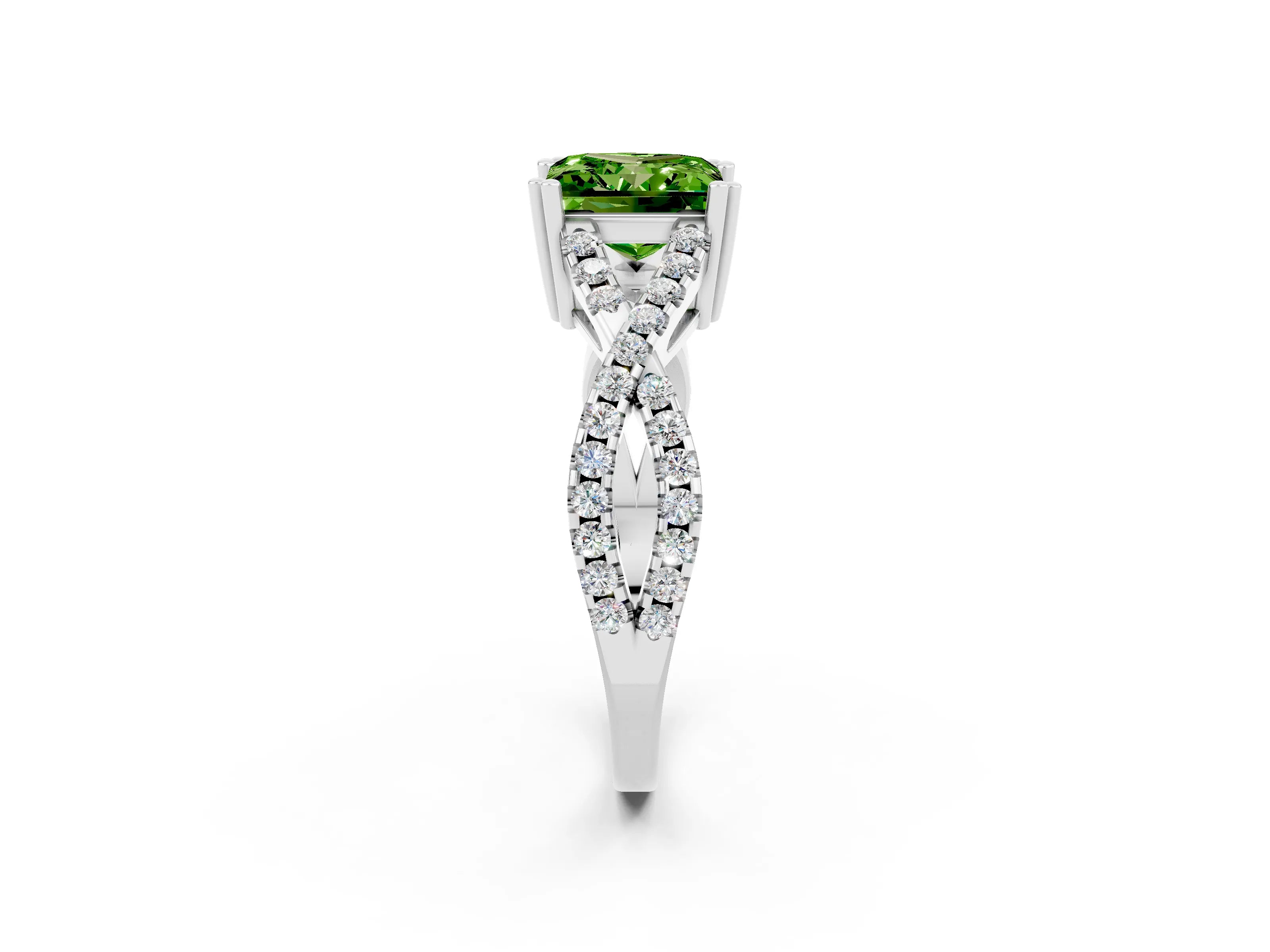 White gold Princess Cut Peridot Solitaire Ring with Four-Prong Setting and Twisted Pavé Band_2