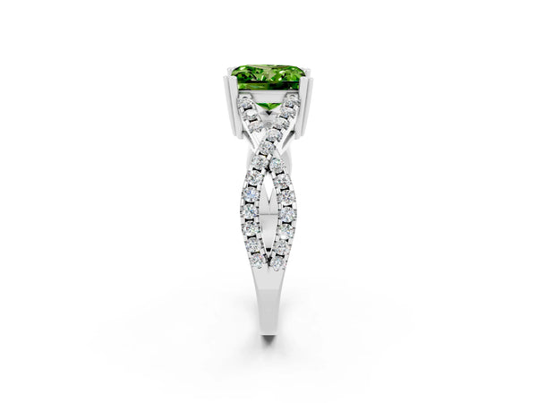 Silver Princess Cut Peridot Solitaire Ring with Four-Prong Setting and Twisted Pavé Band