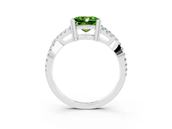 White gold Princess Cut Peridot Solitaire Ring with Four-Prong Setting and Twisted Pavé Band