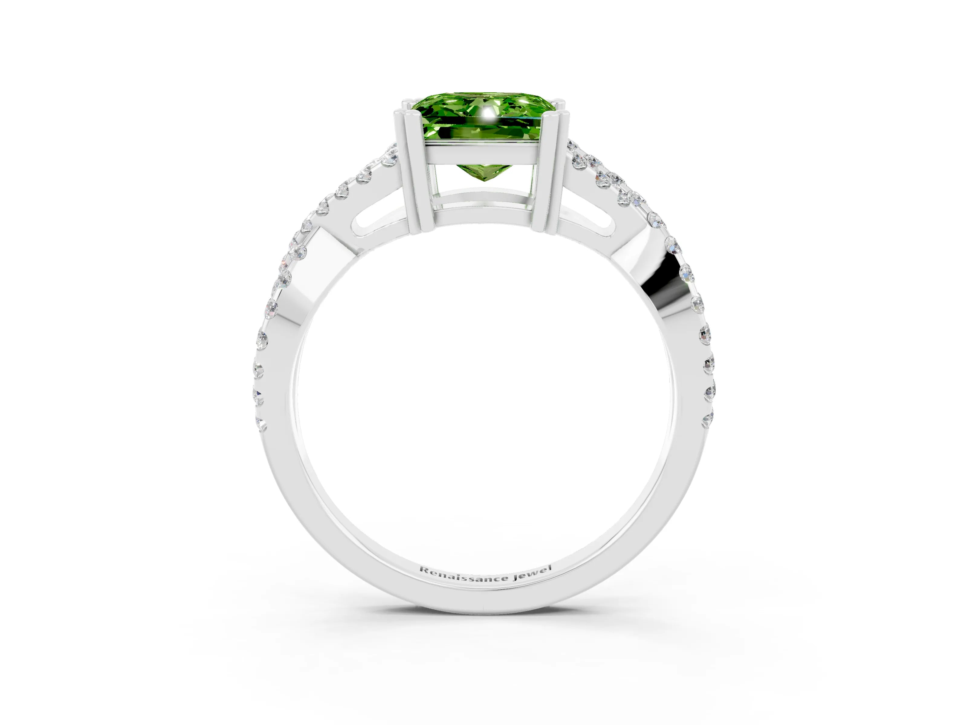 White gold Princess Cut Peridot Solitaire Ring with Four-Prong Setting and Twisted Pavé Band_3