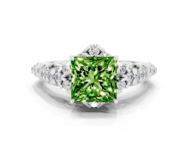 Silver Princess Cut Peridot Solitaire Ring with Hidden Halo and Pavé Band