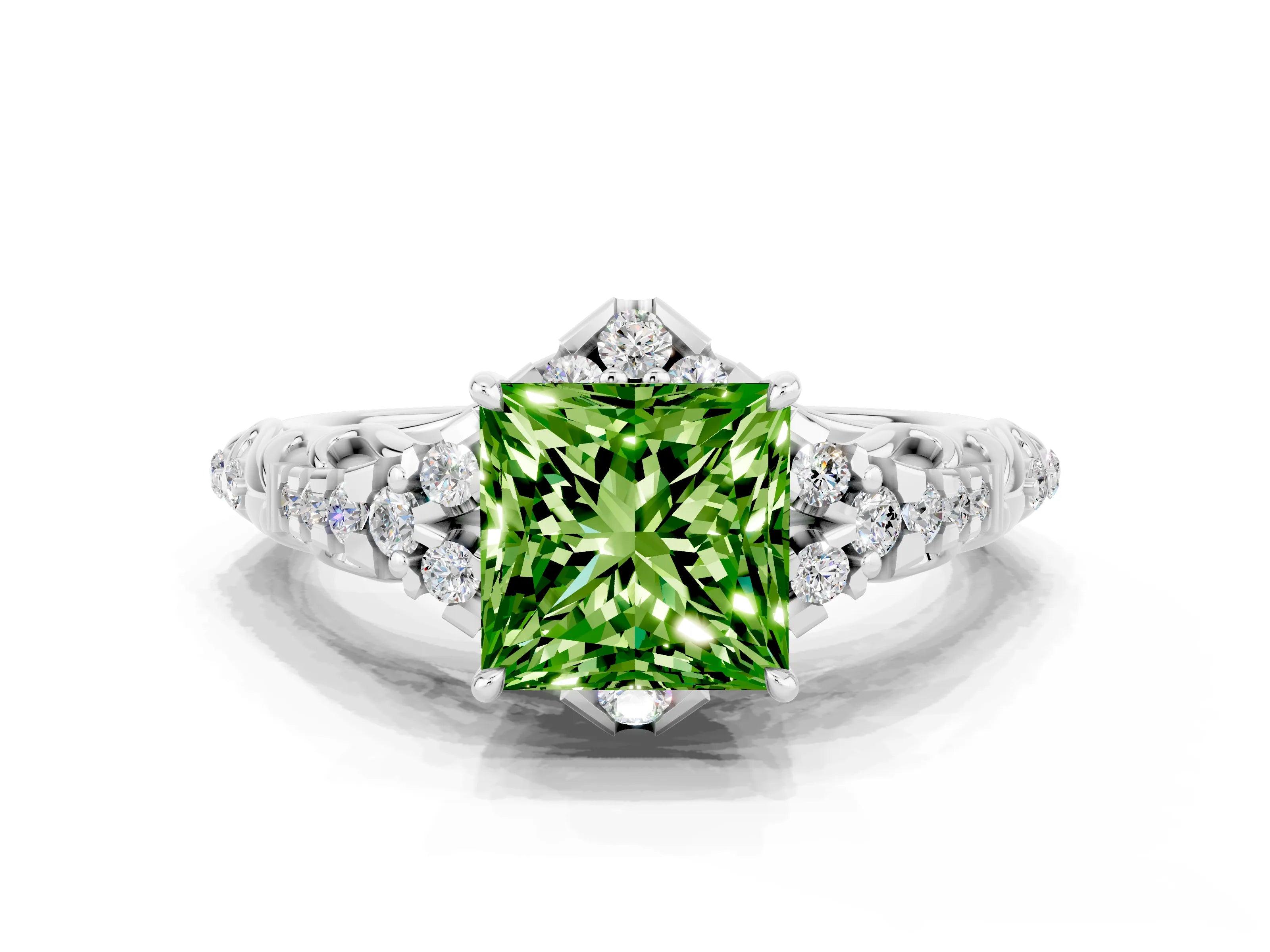 White gold Princess Cut Peridot Solitaire Ring with Hidden Halo and Pavé Band_12