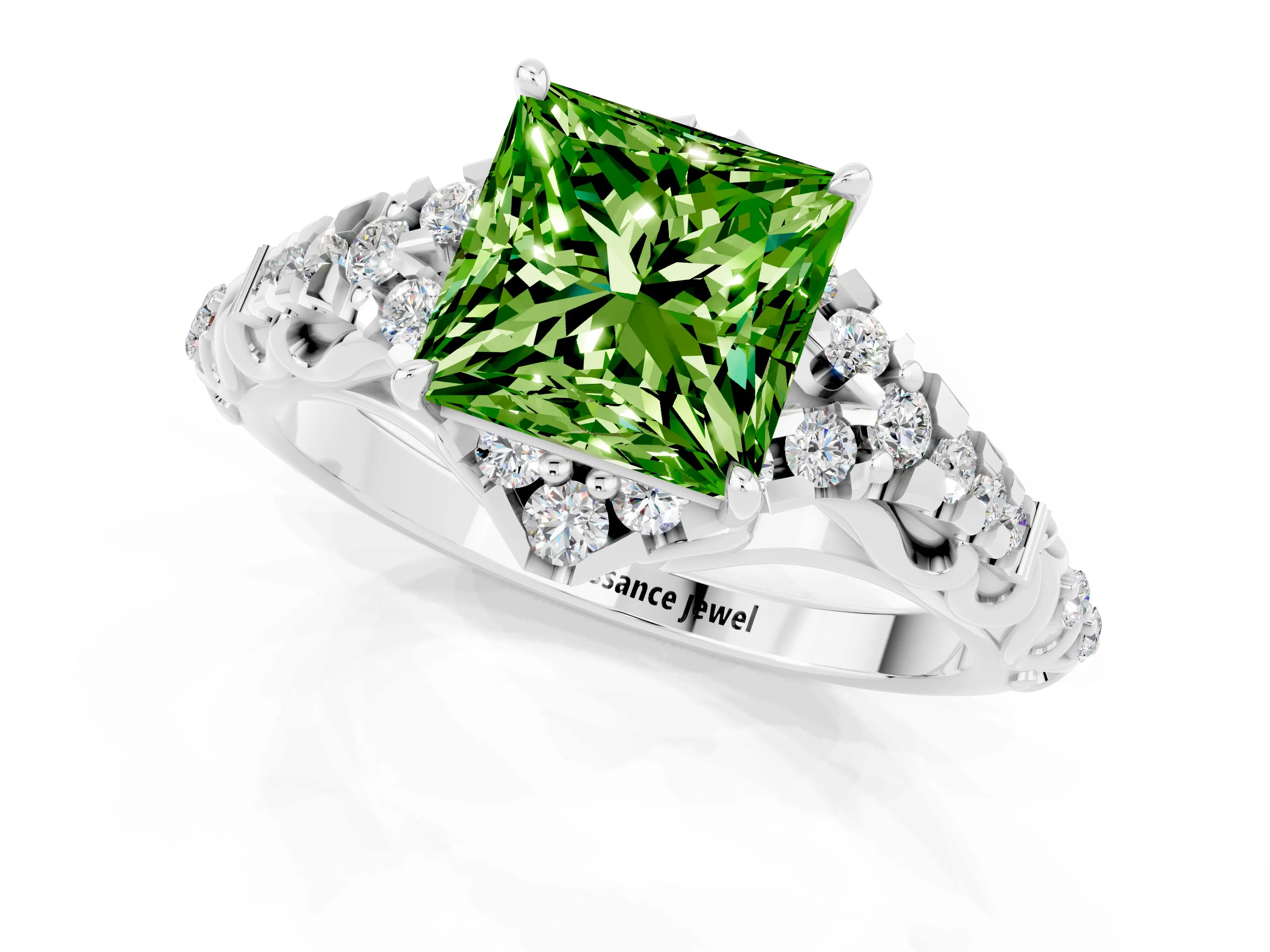 White gold Princess Cut Peridot Solitaire Ring with Hidden Halo and Pavé Band_13