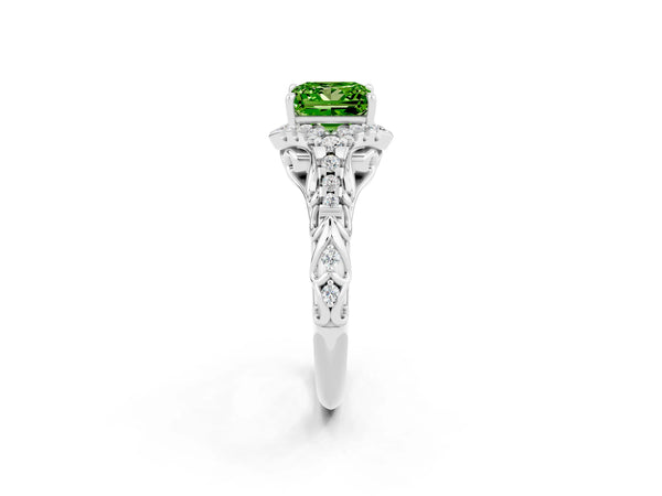 Platinum Princess Cut Peridot Solitaire Ring with Hidden Halo and Pavé Band