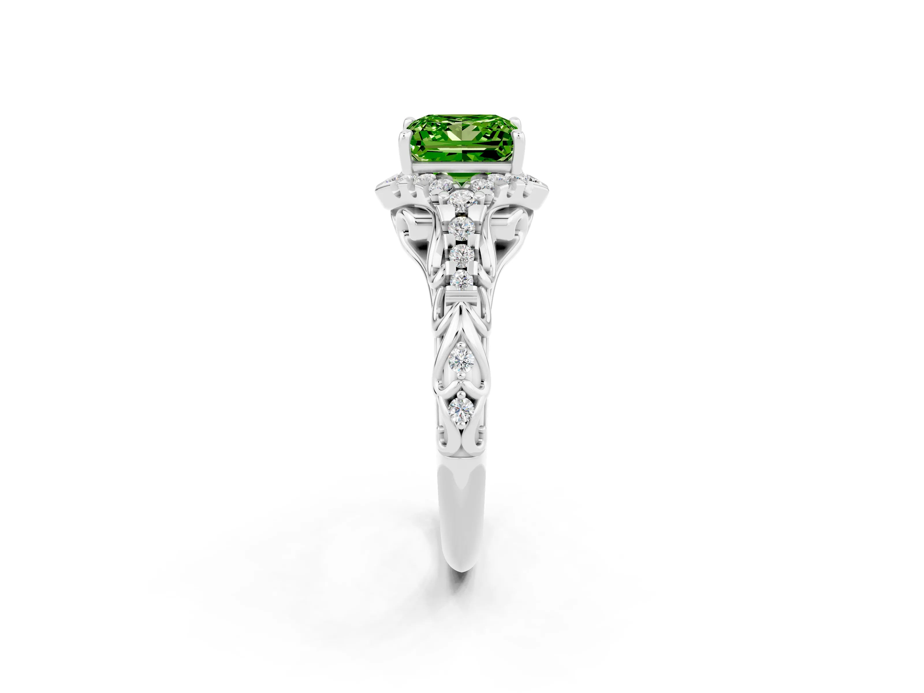 White gold Princess Cut Peridot Solitaire Ring with Hidden Halo and Pavé Band_14
