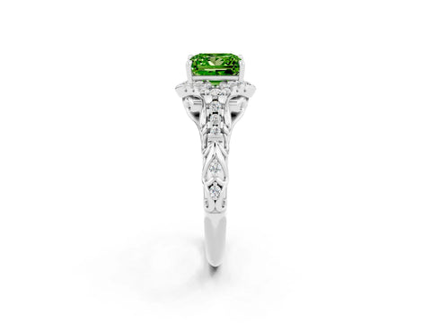 White gold Princess Cut Peridot Solitaire Ring with Hidden Halo and Pavé Band_14