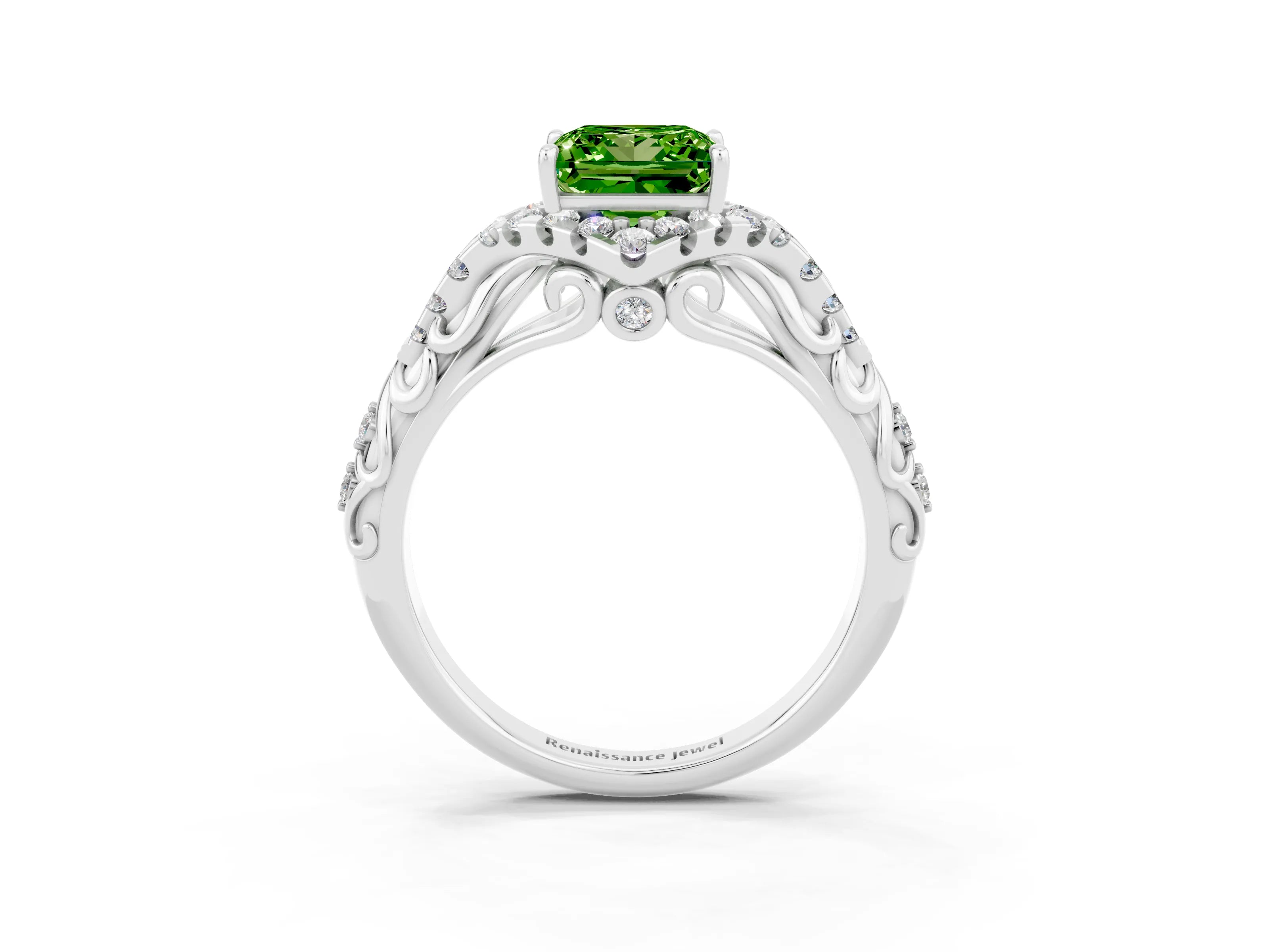 White gold Princess Cut Peridot Solitaire Ring with Hidden Halo and Pavé Band_15