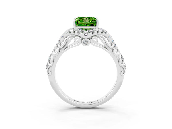 White gold Princess Cut Peridot Solitaire Ring with Hidden Halo and Pavé Band