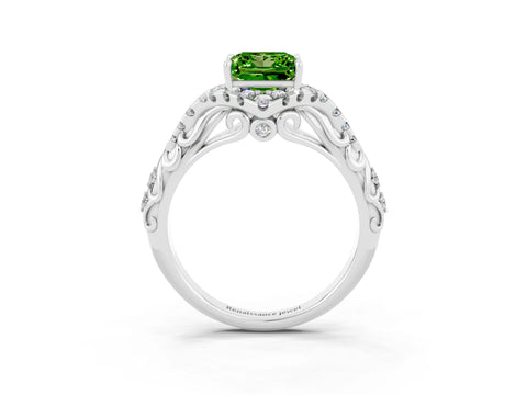 White gold Princess Cut Peridot Solitaire Ring with Hidden Halo and Pavé Band_15