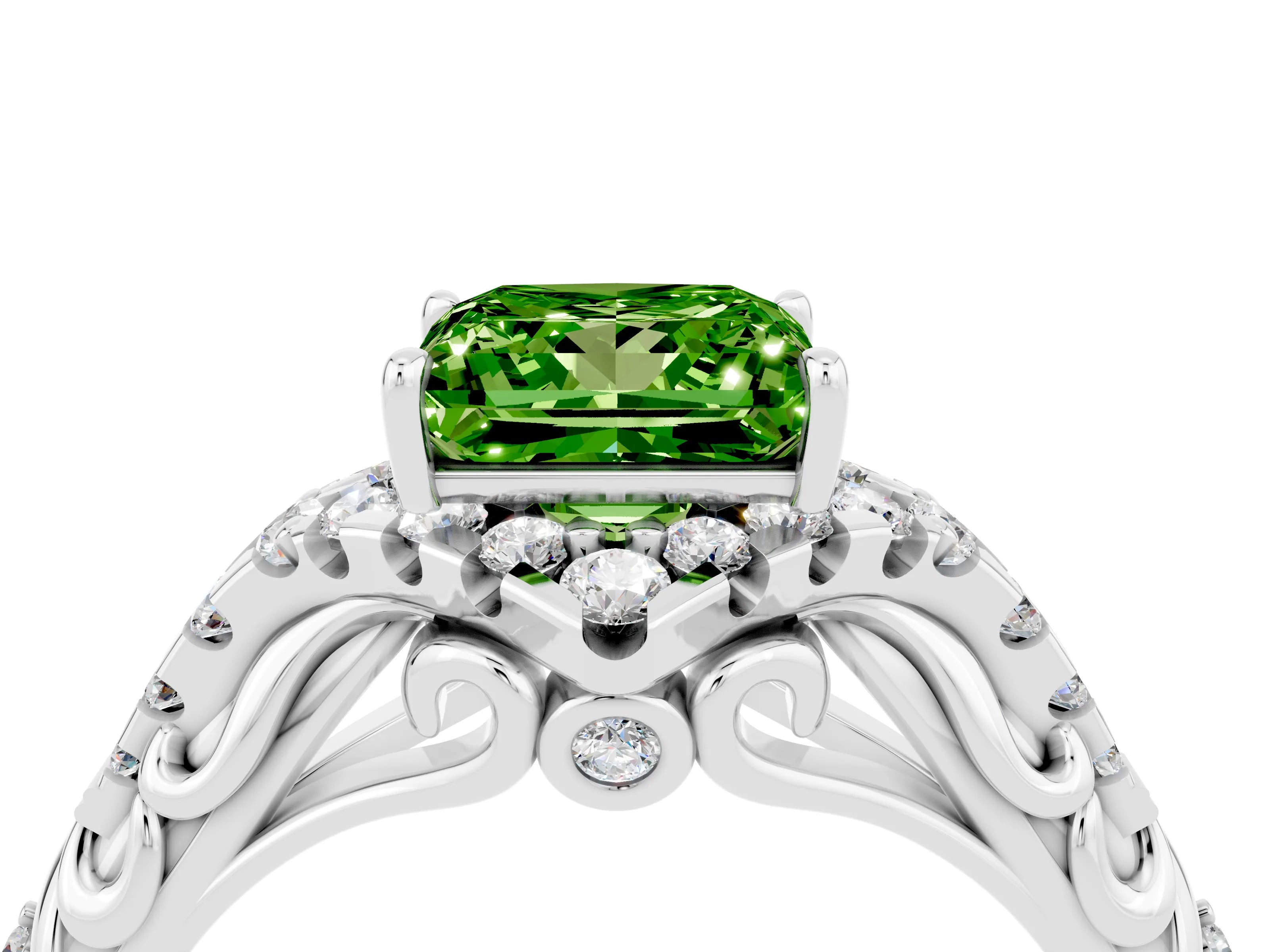 White gold Princess Cut Peridot Solitaire Ring with Hidden Halo and Pavé Band_16