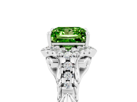 White gold Princess Cut Peridot Solitaire Ring with Hidden Halo and Pavé Band_17