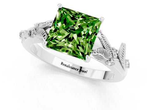 White gold Princess Cut Peridot Solitaire Ring with Leaf Motif Band and Four-Prong Setting_13
