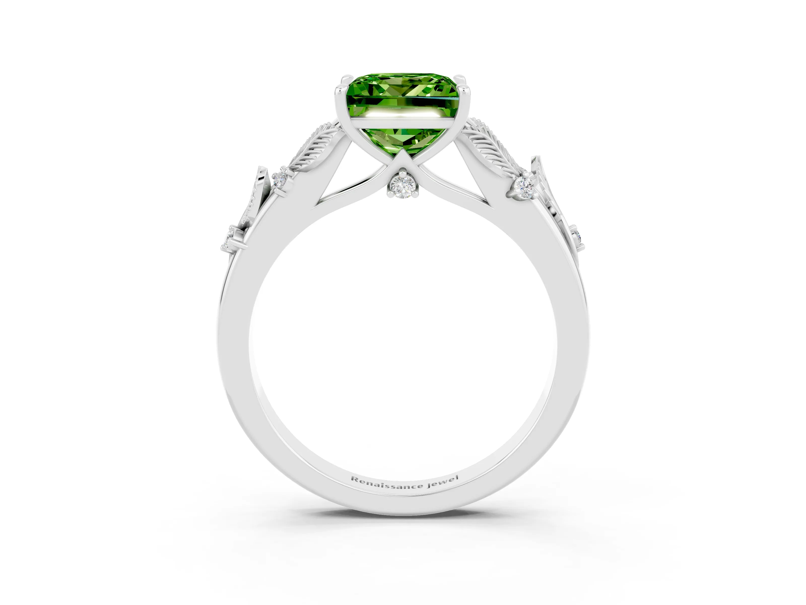 White gold Princess Cut Peridot Solitaire Ring with Leaf Motif Band and Four-Prong Setting_15