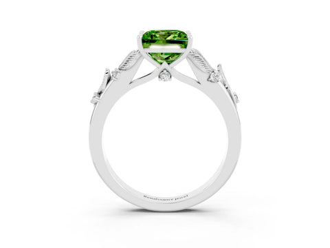 White gold Princess Cut Peridot Solitaire Ring with Leaf Motif Band and Four-Prong Setting_3