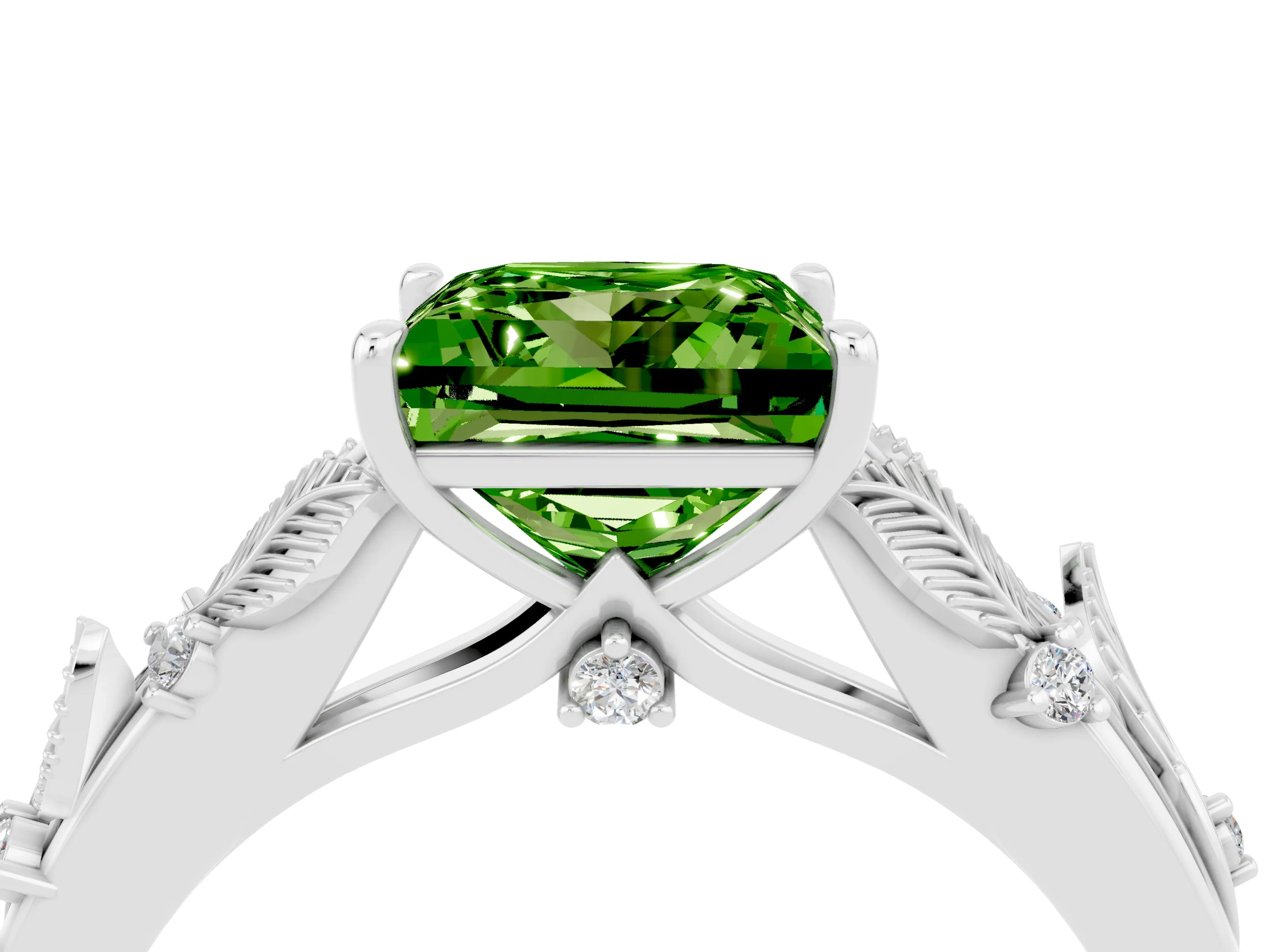 White gold Princess Cut Peridot Solitaire Ring with Leaf Motif Band and Four-Prong Setting_4