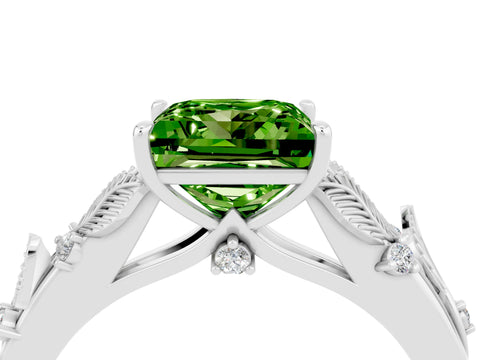 White gold Princess Cut Peridot Solitaire Ring with Leaf Motif Band and Four-Prong Setting_4