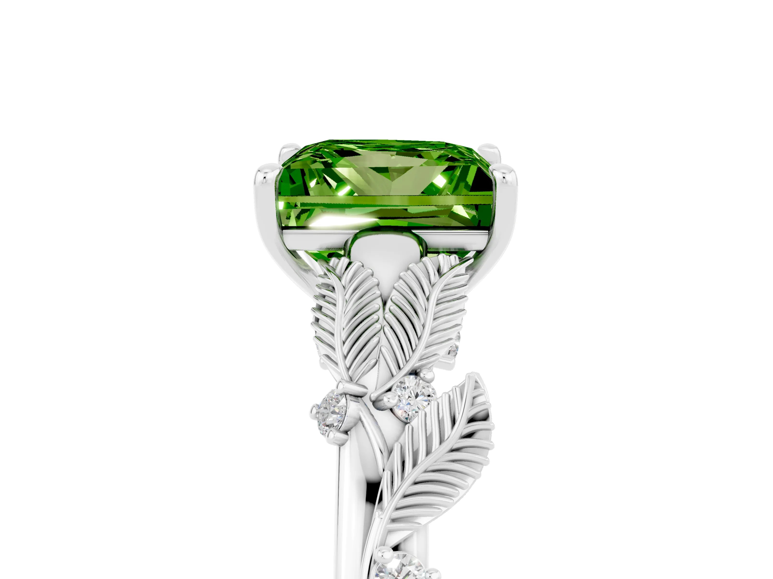 White gold Princess Cut Peridot Solitaire Ring with Leaf Motif Band and Four-Prong Setting_5