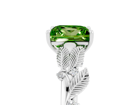 White gold Princess Cut Peridot Solitaire Ring with Leaf Motif Band and Four-Prong Setting_5