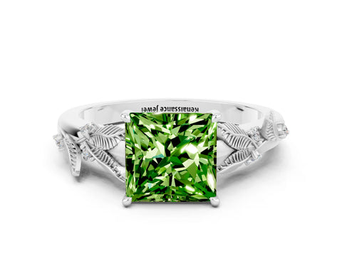 White gold Princess Cut Peridot Solitaire Ring with Leaf Motif Band and Four-Prong Setting