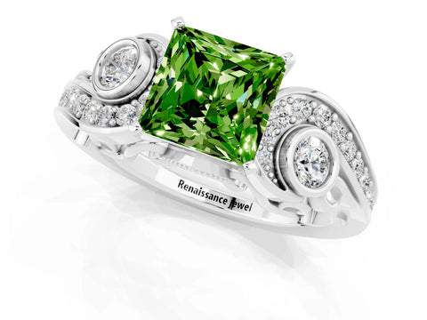 White gold Princess Cut Peridot Solitaire Ring with Milgrain Pavé Band and Four-Prong Setting_13