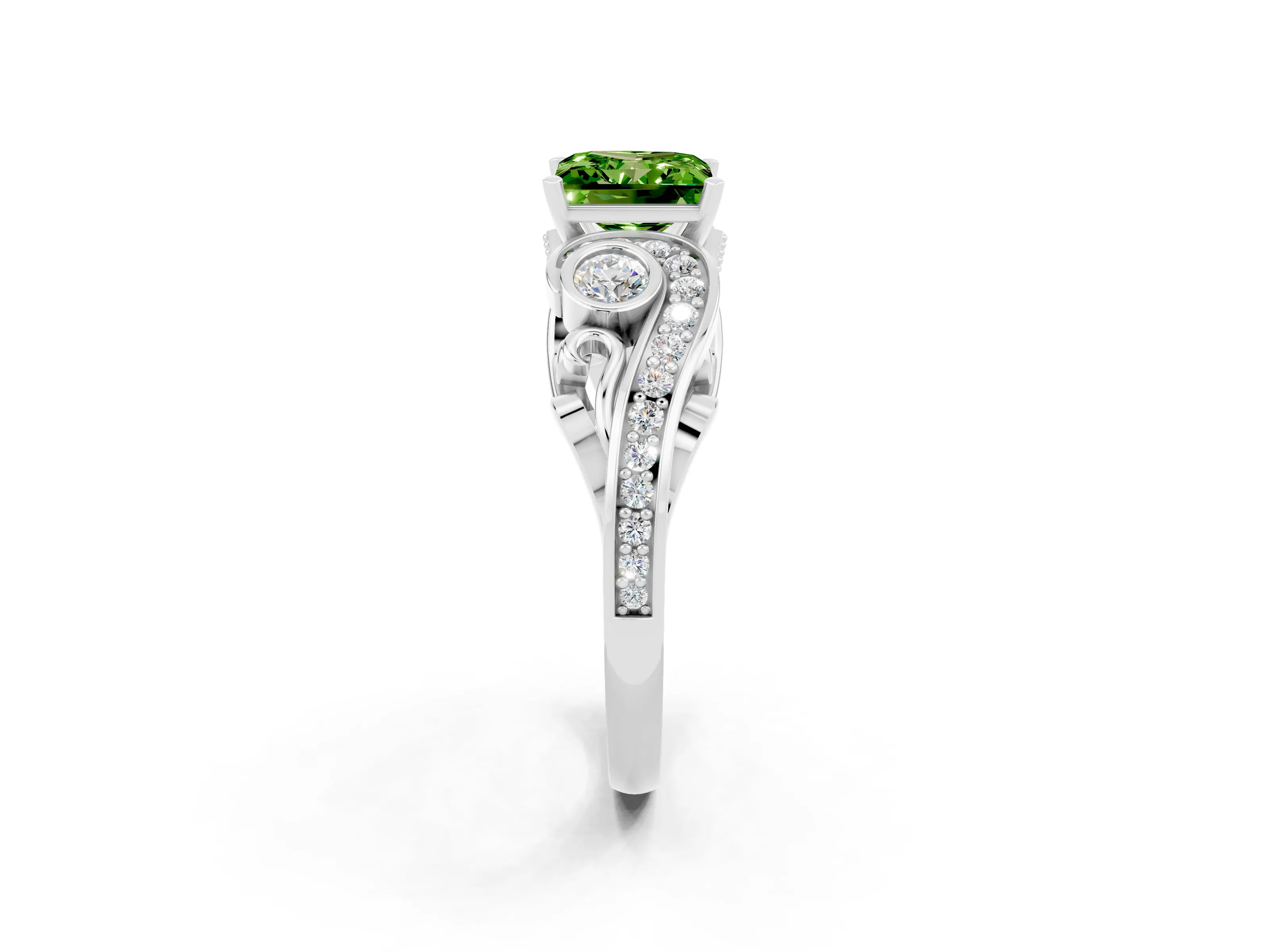 White gold Princess Cut Peridot Solitaire Ring with Milgrain Pavé Band and Four-Prong Setting_14