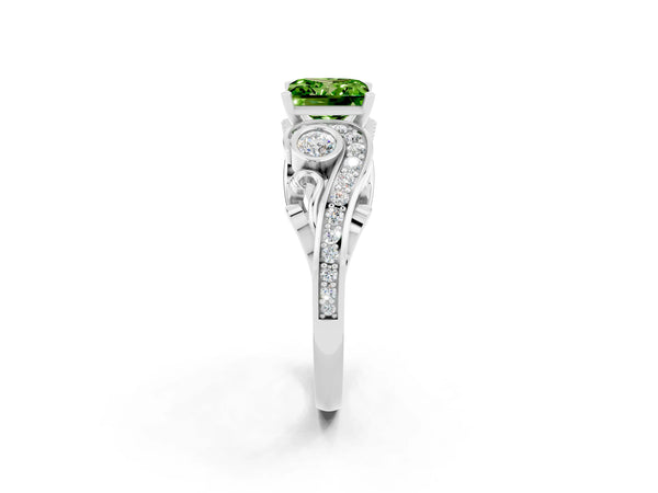 Silver Princess Cut Peridot Solitaire Ring with Milgrain Pavé Band and Four-Prong Setting