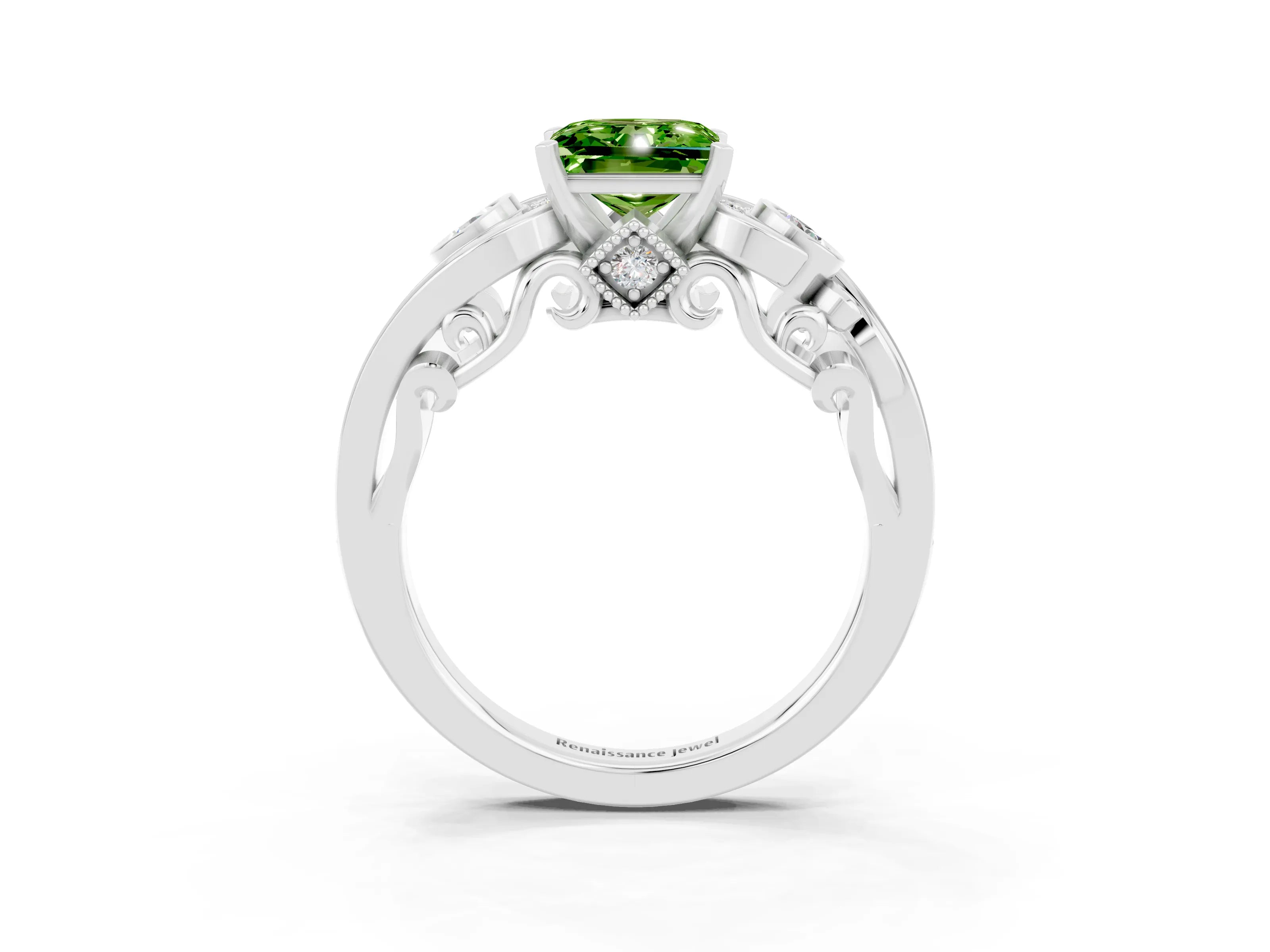 White gold Princess Cut Peridot Solitaire Ring with Milgrain Pavé Band and Four-Prong Setting_15