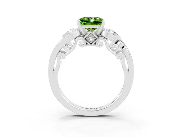 Silver Princess Cut Peridot Solitaire Ring with Milgrain Pavé Band and Four-Prong Setting