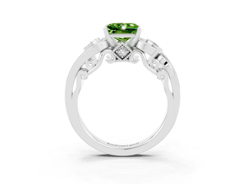 White gold Princess Cut Peridot Solitaire Ring with Milgrain Pavé Band and Four-Prong Setting_15