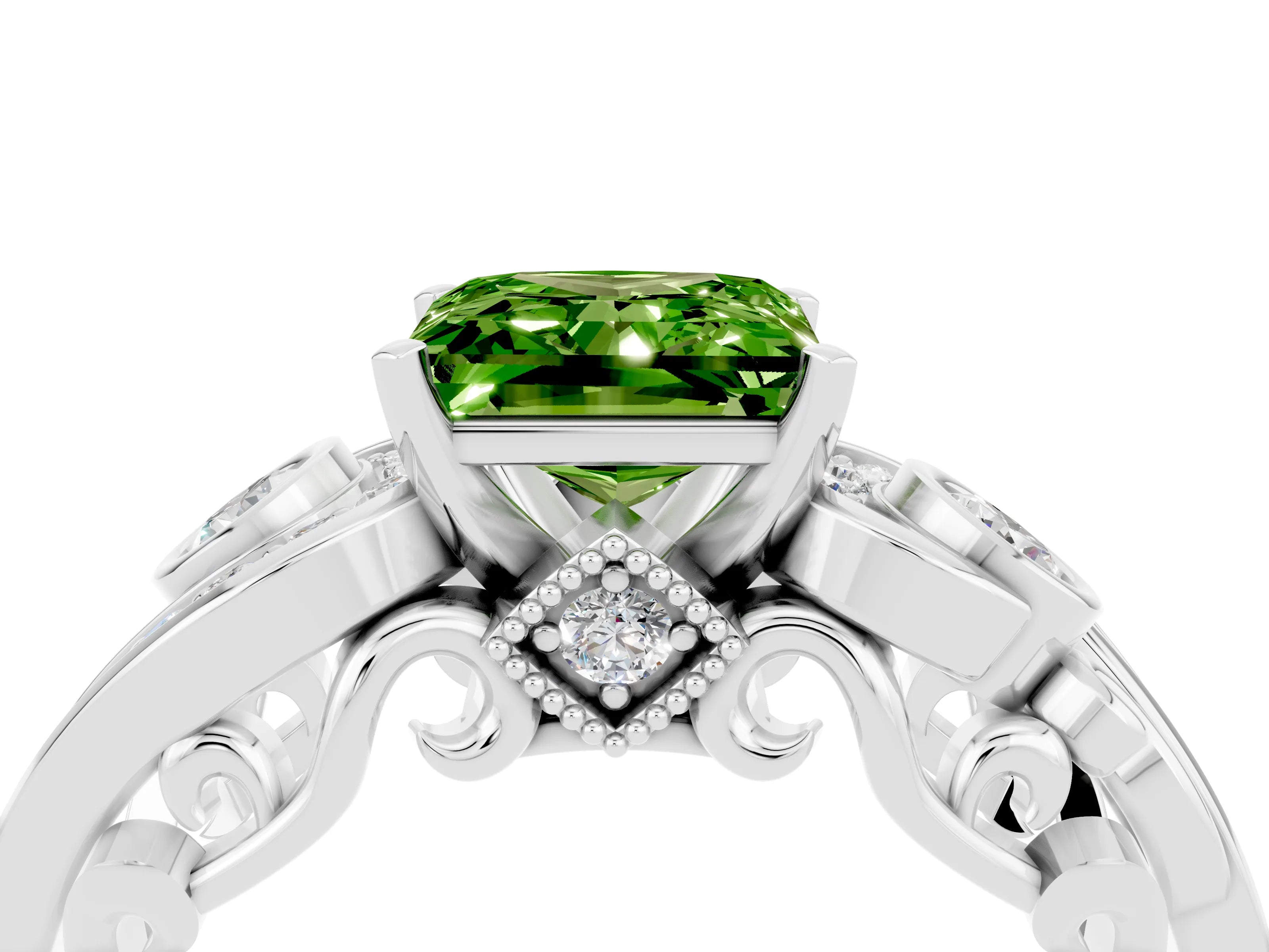 White gold Princess Cut Peridot Solitaire Ring with Milgrain Pavé Band and Four-Prong Setting_16