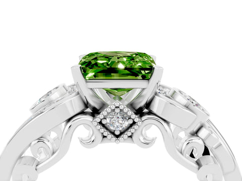 White gold Princess Cut Peridot Solitaire Ring with Milgrain Pavé Band and Four-Prong Setting_16