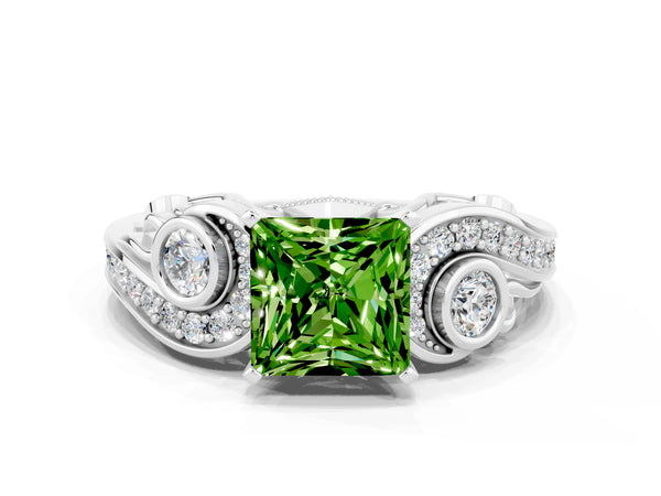 White gold Princess Cut Peridot Solitaire Ring with Milgrain Pavé Band and Four-Prong Setting