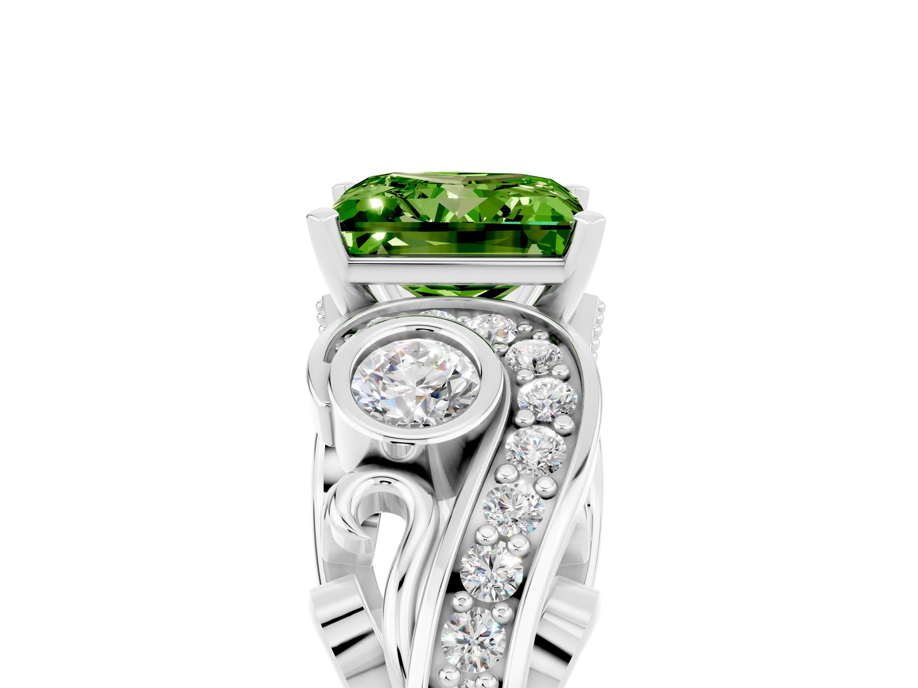 White gold Princess Cut Peridot Solitaire Ring with Milgrain Pavé Band and Four-Prong Setting_53