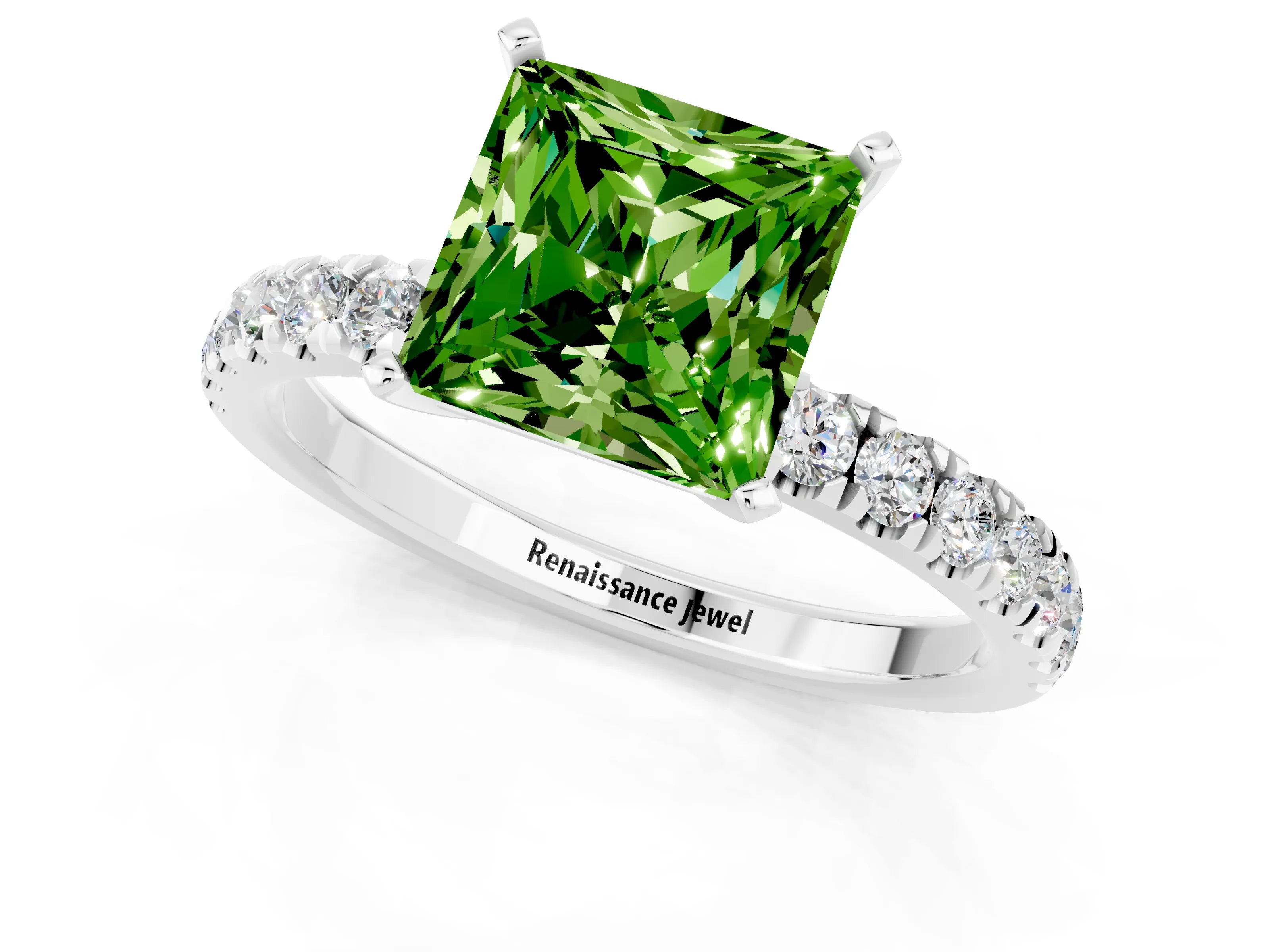 White gold Princess Cut Peridot Solitaire Ring with Pavé Accents and Four-Prong Setting_1