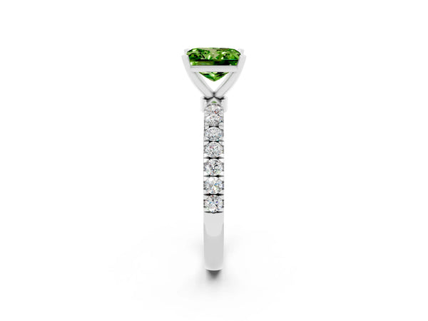White gold Princess Cut Peridot Solitaire Ring with Pavé Accents and Four-Prong Setting