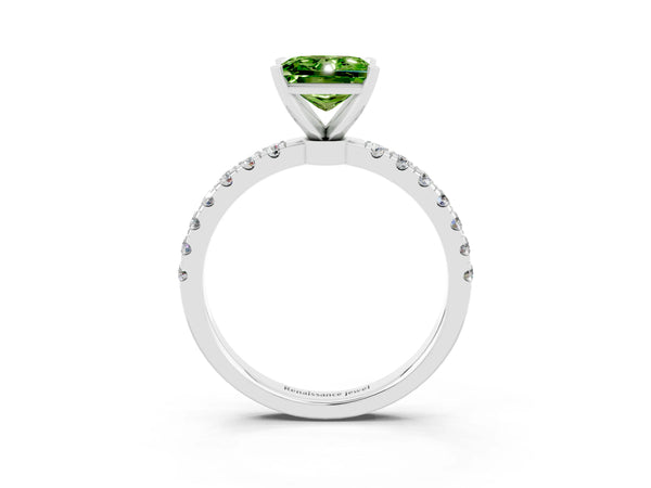 White gold Princess Cut Peridot Solitaire Ring with Pavé Accents and Four-Prong Setting