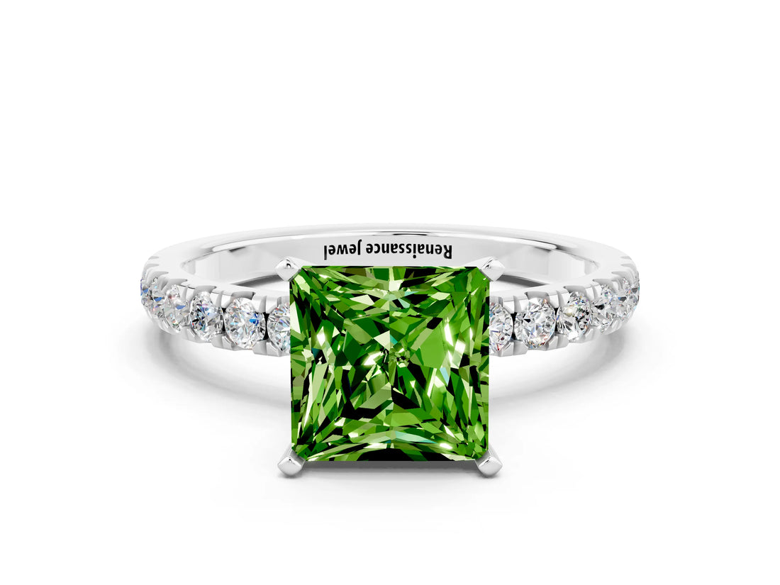 White gold Princess Cut Peridot Solitaire Ring with Pavé Accents and Four-Prong Setting
