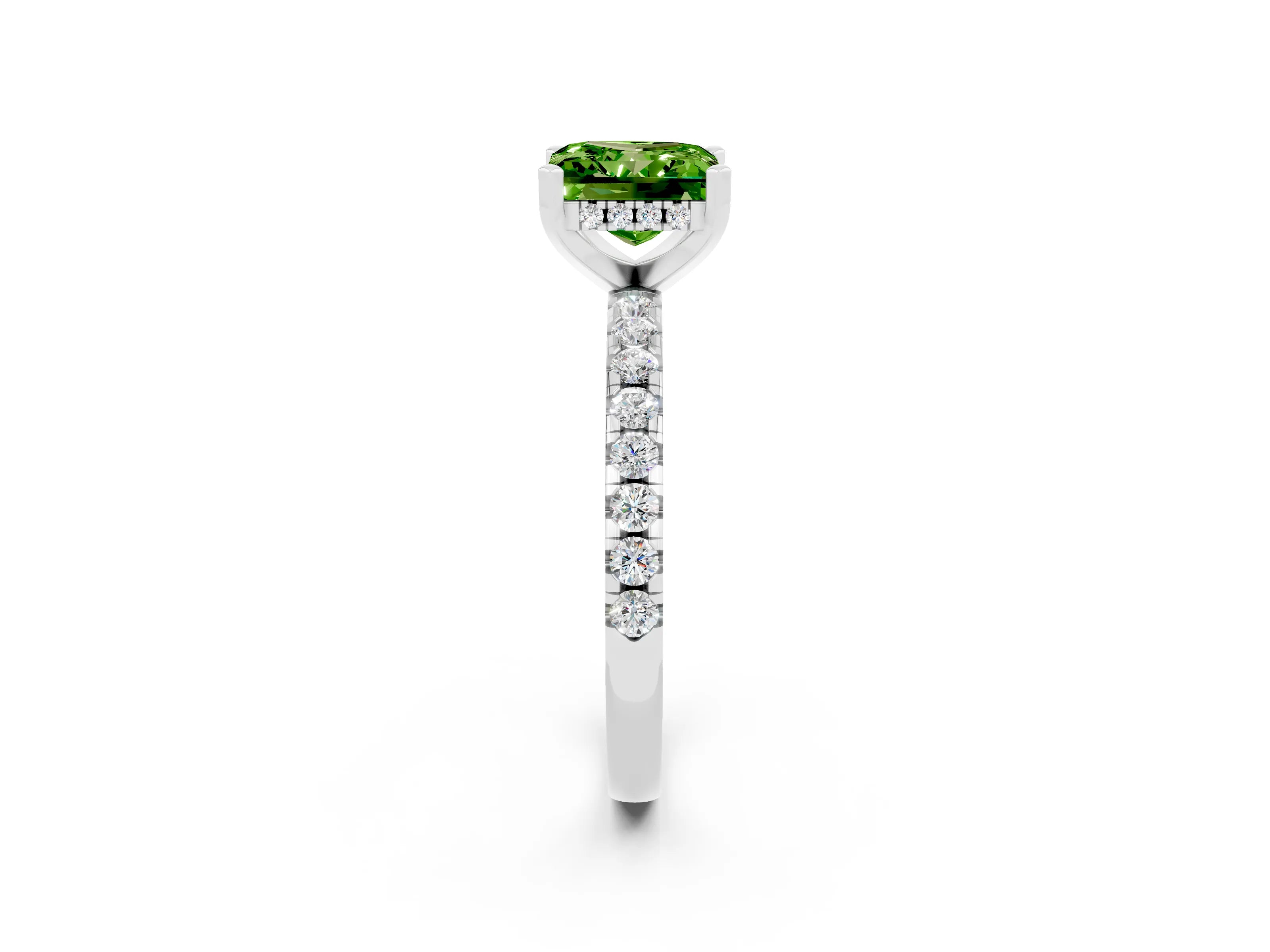 White gold Princess Cut Peridot Solitaire Ring with Pavé Band and Four-Prong Setting_26