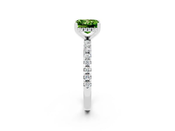 Platinum Princess Cut Peridot Solitaire Ring with Round  Pavé Band and Four-Prong Setting