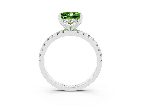 Platinum Princess Cut Peridot Solitaire Ring with Round  Pavé Band and Four-Prong Setting