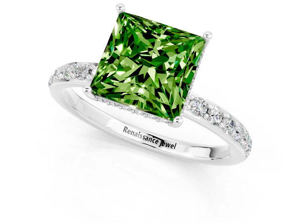 Platinum Princess Cut Peridot Solitaire Ring with Pavé Band and Hidden Halo