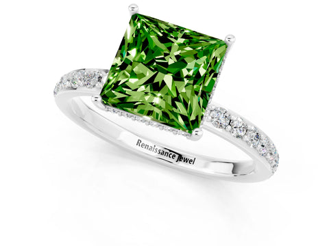 White gold Princess Cut Peridot Solitaire Ring with Pavé Band and Hidden Halo_1