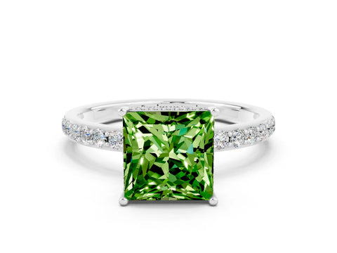 White gold Princess Cut Peridot Solitaire Ring with Pavé Band and Hidden Halo_24