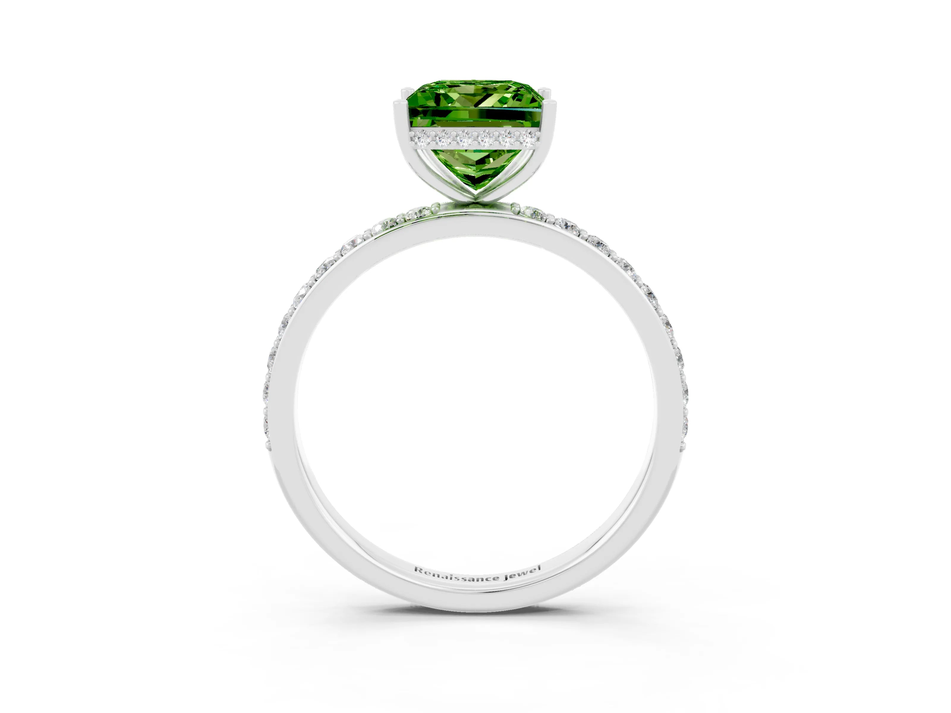 White gold Princess Cut Peridot Solitaire Ring with Pavé Band and Hidden Halo_27