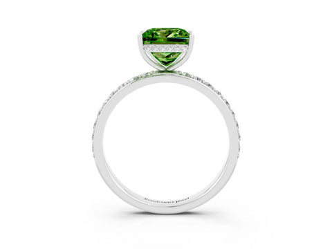 White gold Princess Cut Peridot Solitaire Ring with Pavé Band and Hidden Halo_27