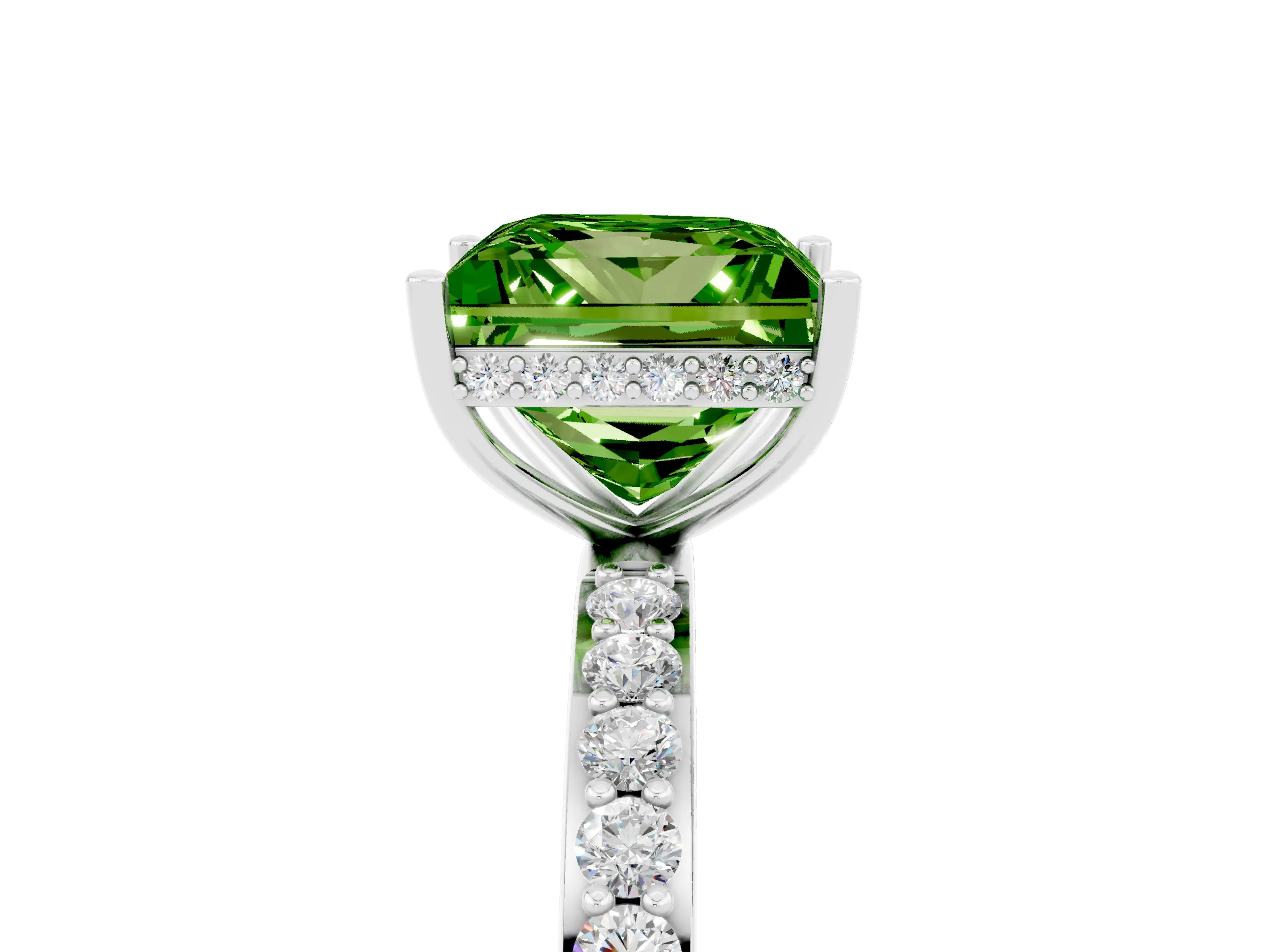White gold Princess Cut Peridot Solitaire Ring with Pavé Band and Hidden Halo_29