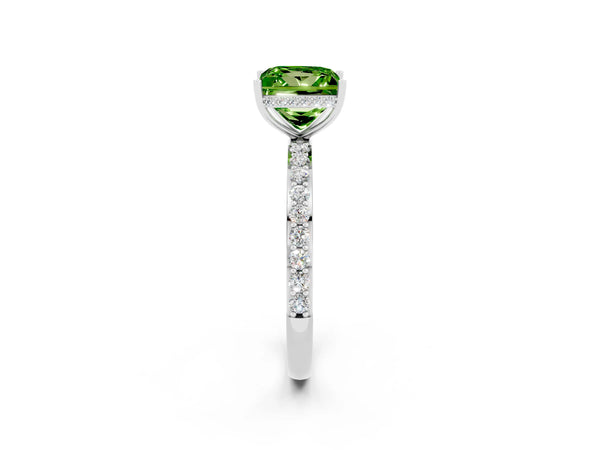 Silver Princess Cut Peridot Solitaire Ring with Pavé Band and Hidden Halo