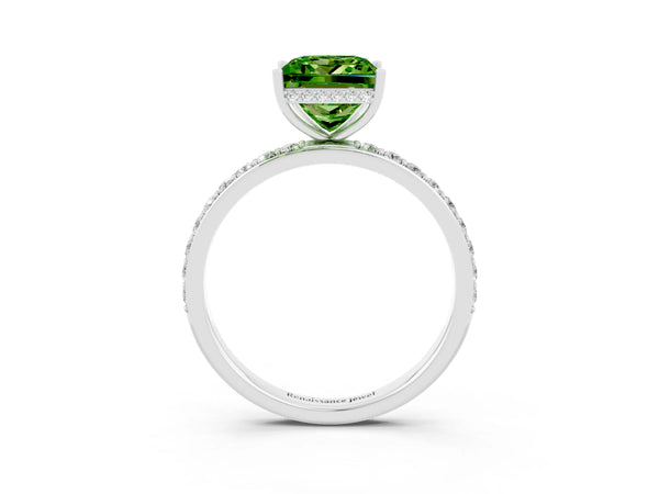 Platinum Princess Cut Peridot Solitaire Ring with Pavé Band and Hidden Halo