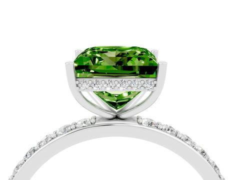 White gold Princess Cut Peridot Solitaire Ring with Pavé Band and Hidden Halo_4